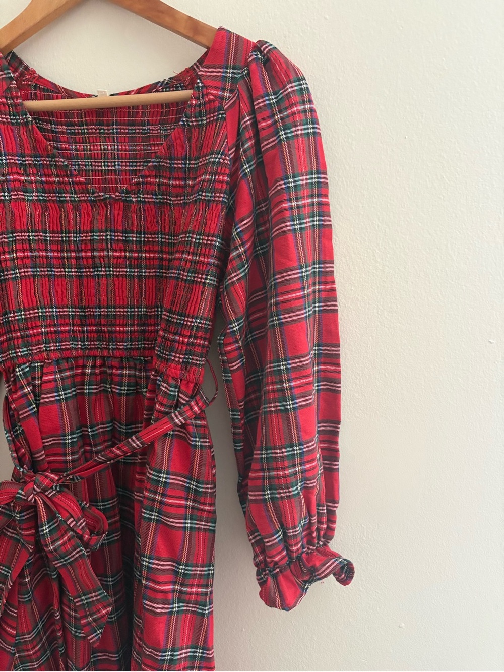 JODIFL Red Plaid Smocked Midi Dress with Tie Waist